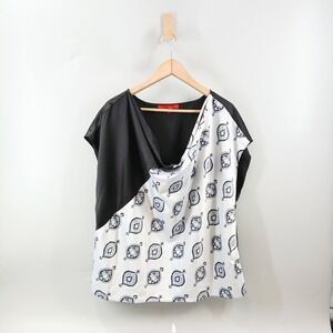 Narciso Rodriguez Satin Blouse Women XL Black White GeovPrint Cowl Neck Top